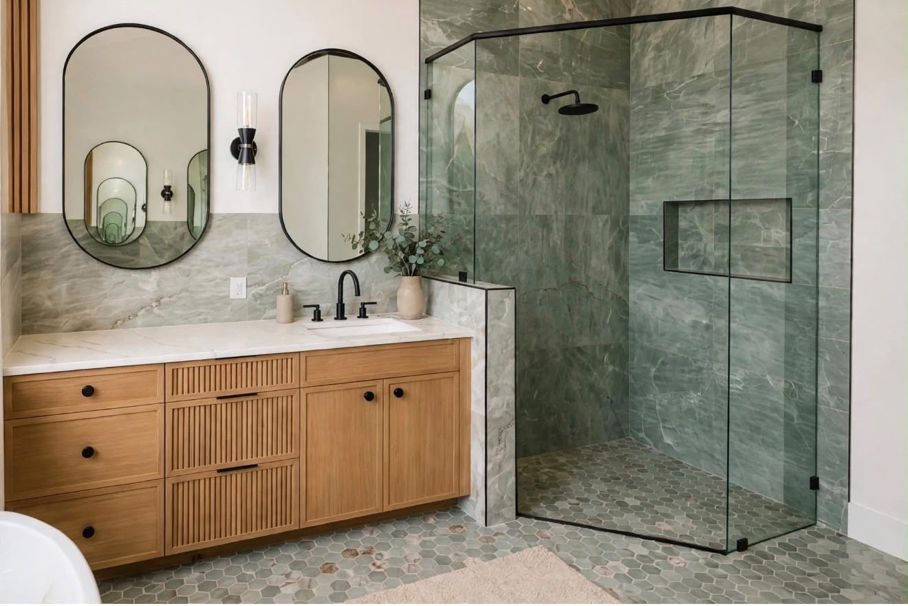 Bathroom remodel with wood vanity, black oval mirrors, and frameless glass shower with green marble tile