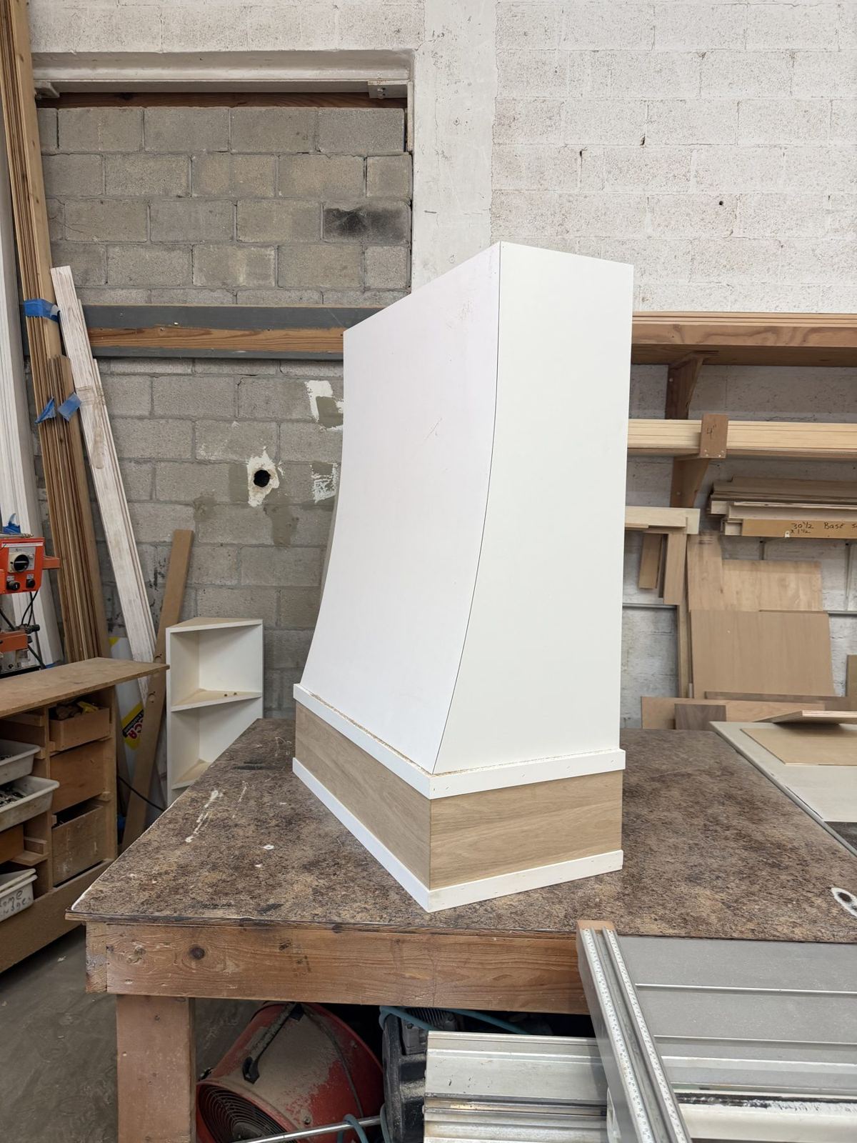 Custom range hood being built in the Mike's Magic shop